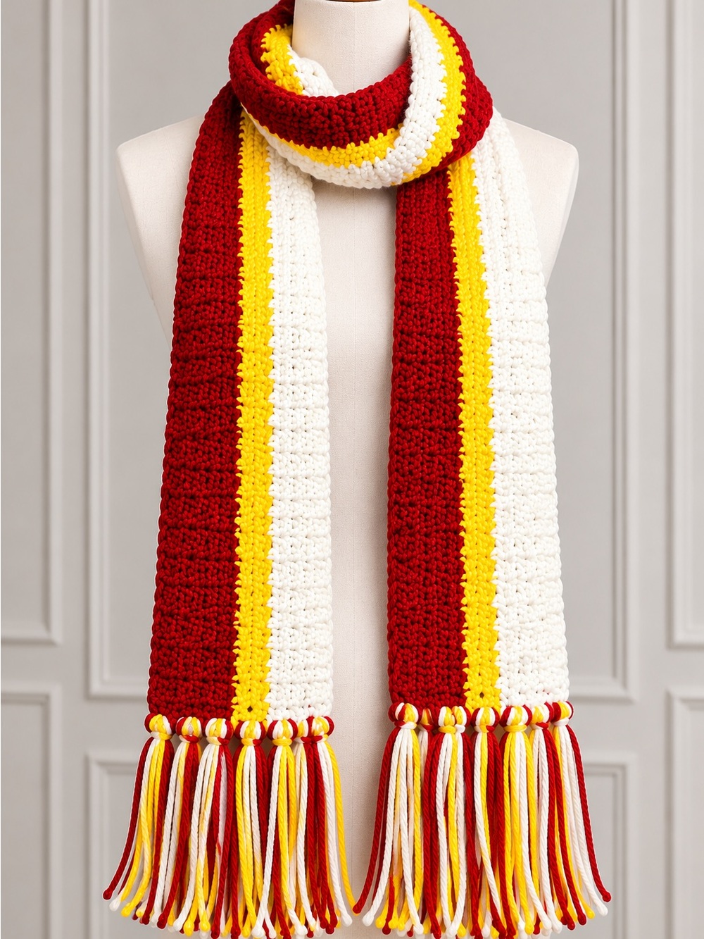 Striped Red, White & Yellow Knit Scarf